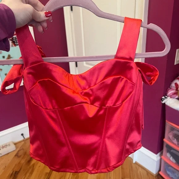 Red Satin Shoulder Tie Corset Top - Picture 3 of 6